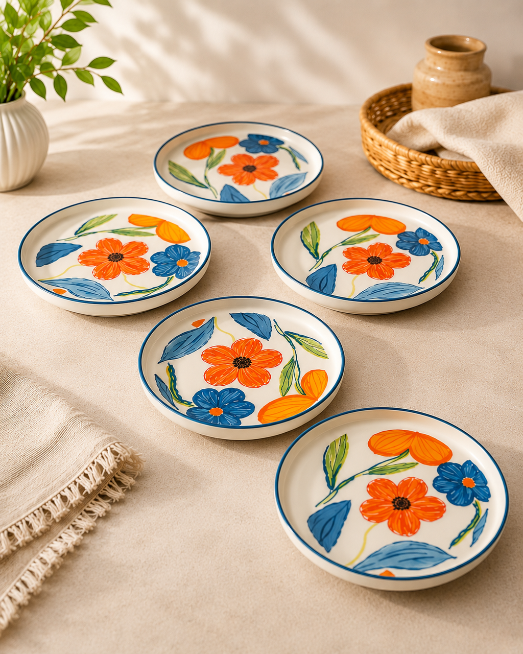 Hand-Painted Floral Ceramic Snack Plates – Set of 6 | Premium Ceramic Serving Plates | Microwave & Dishwasher Safe