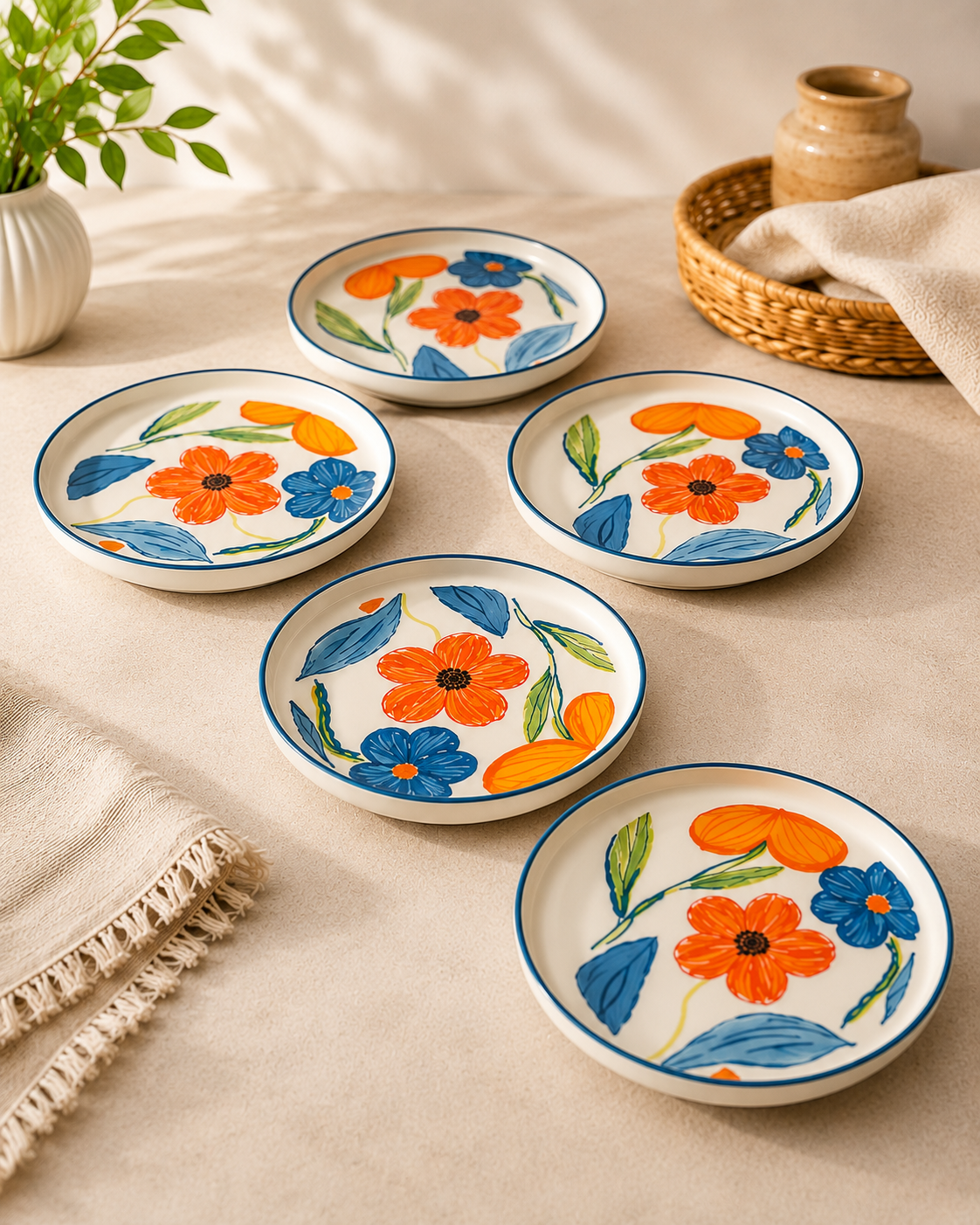Hand-Painted Floral Ceramic Snack Plates – Set of 6 | Premium Ceramic Serving Plates | Microwave & Dishwasher Safe