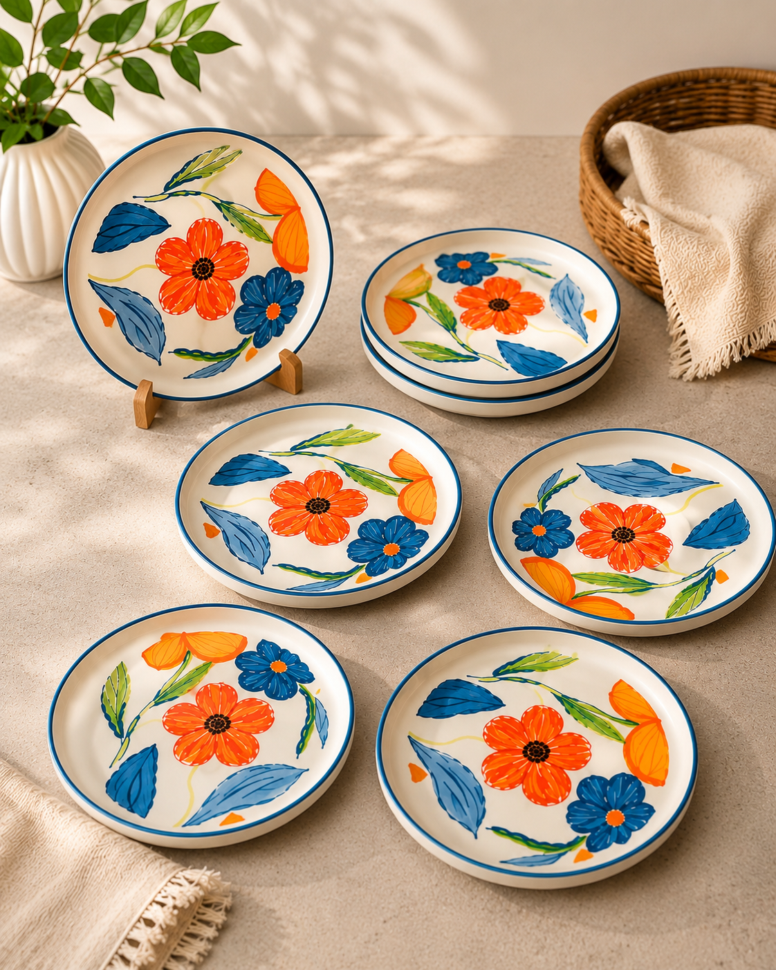 Hand-Painted Floral Ceramic Snack Plates – Set of 6 | Premium Ceramic Serving Plates | Microwave & Dishwasher Safe