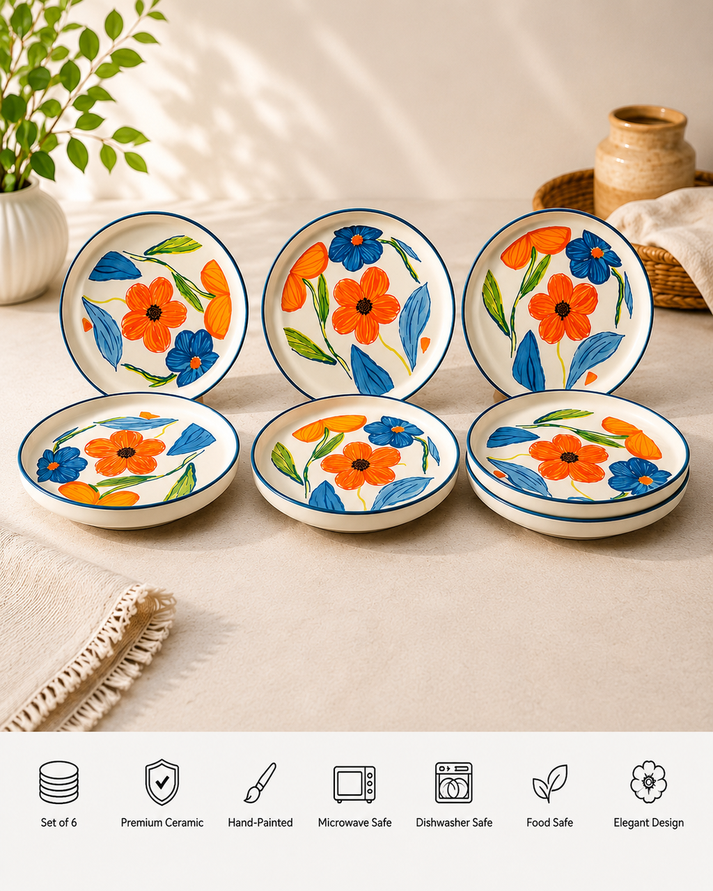 Hand-Painted Floral Ceramic Snack Plates – Set of 6 | Premium Ceramic Serving Plates | Microwave & Dishwasher Safe