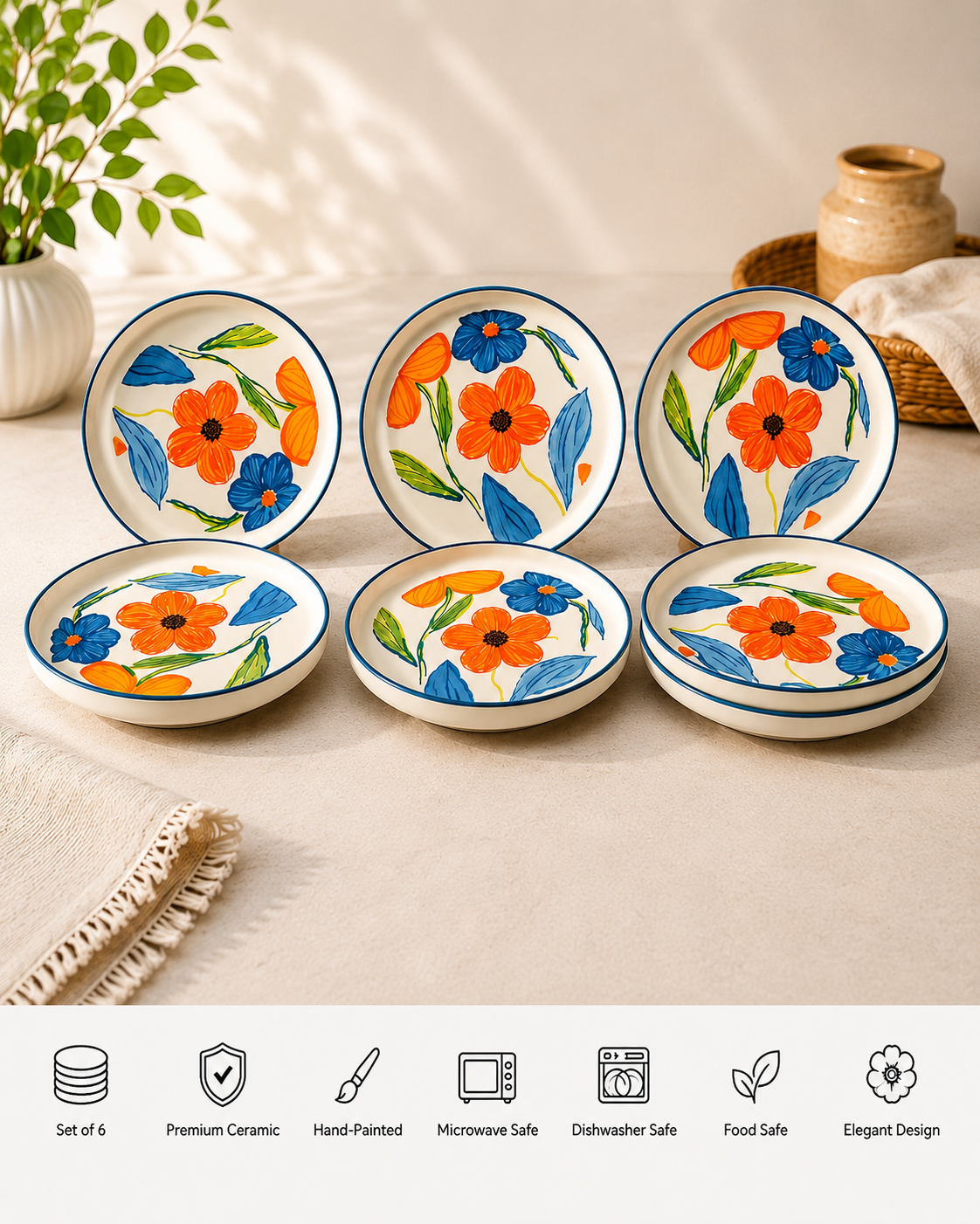 Hand-Painted Floral Ceramic Snack Plates – Set of 6 | Premium Ceramic Serving Plates | Microwave & Dishwasher Safe