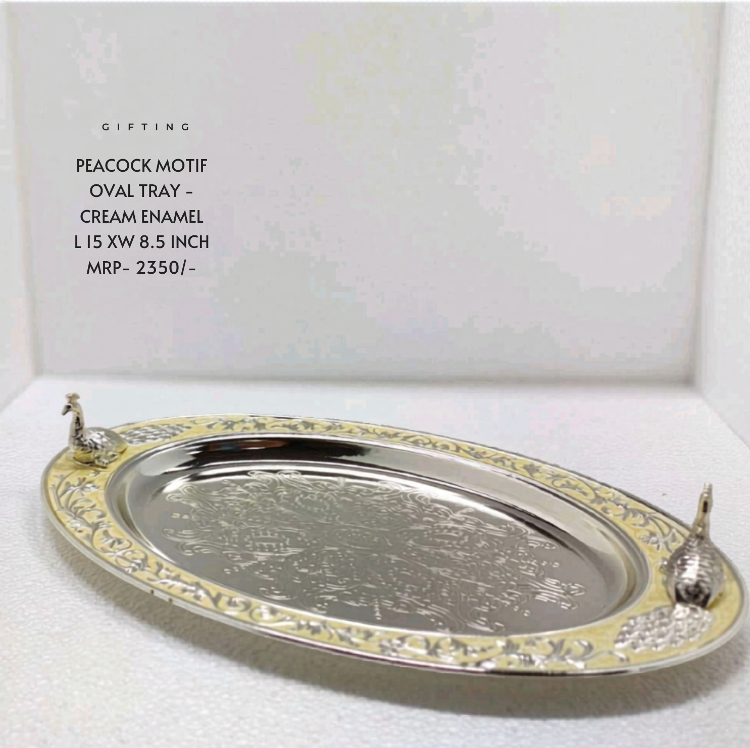 Peacock Motif Oval Tray - Cream Enamel