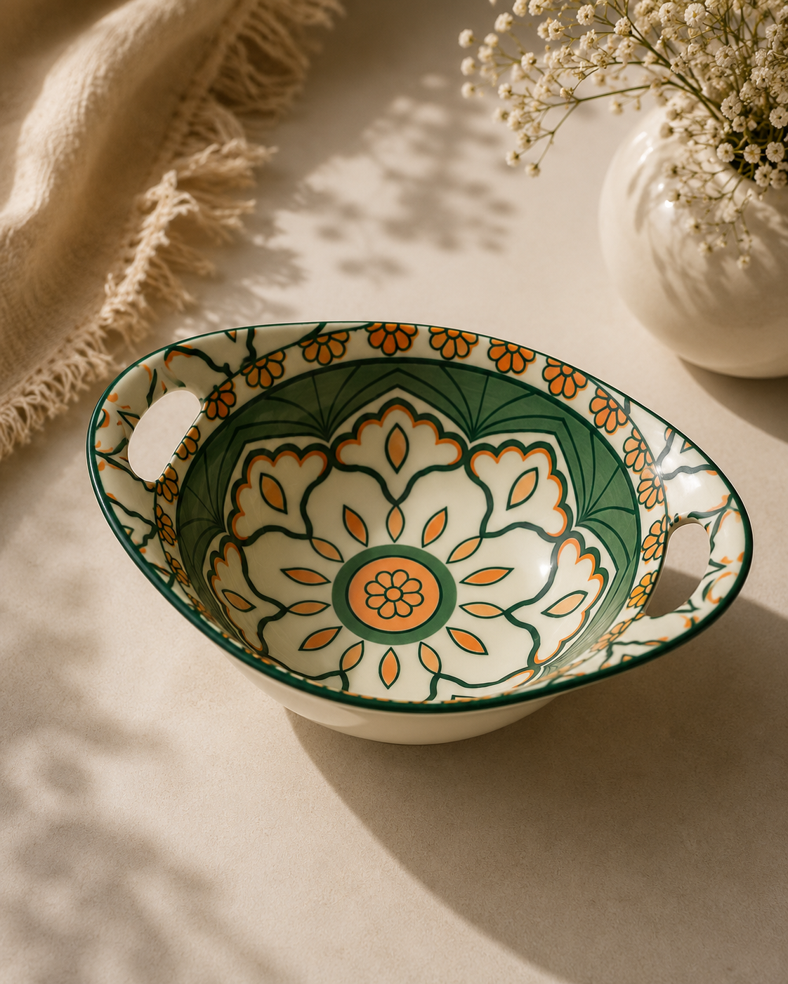 Moroccan Ceramic Oval Bowl with Handles