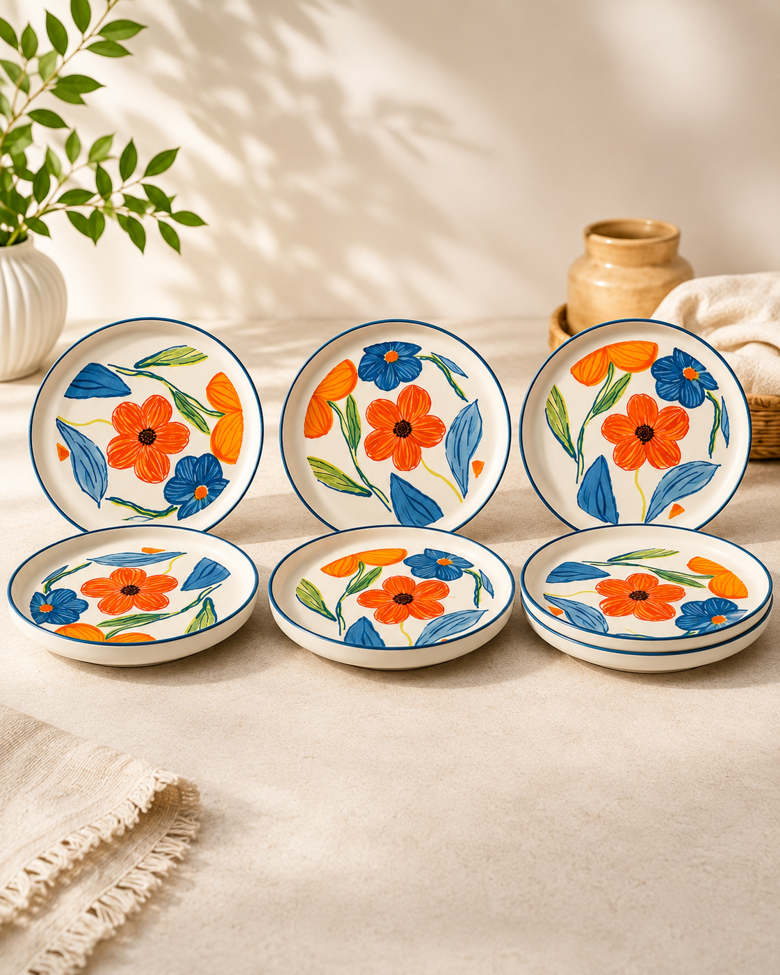 Hand-Painted Floral Ceramic Snack Plates – Set of 6 | Premium Ceramic Serving Plates | Microwave & Dishwasher Safe