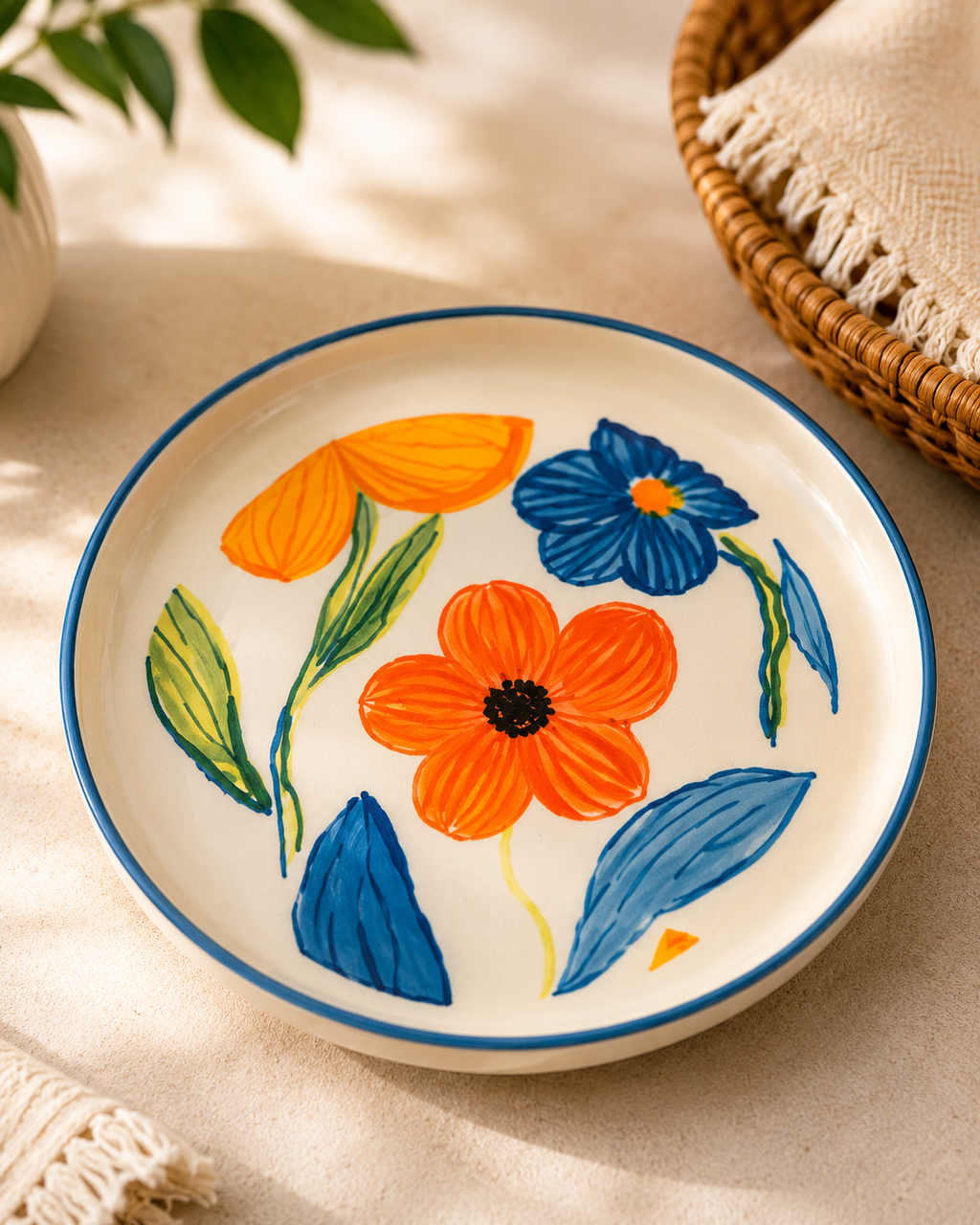 Hand-Painted Floral Ceramic Snack Plates – Set of 6 | Premium Ceramic Serving Plates | Microwave & Dishwasher Safe